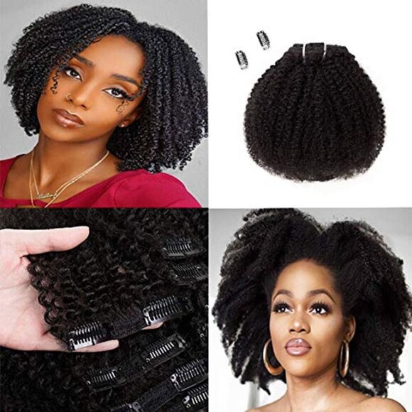 Human Hair Clip In Extensions Afro Kinky Curly 8pcs Natural Black 8in